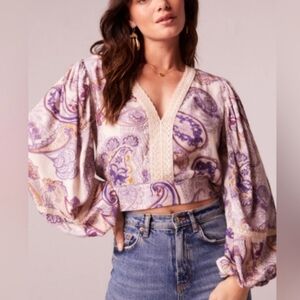 Band of the Free Mirabelle Cream Purple Paisley Long Sleeve Boho Crop Top Size S